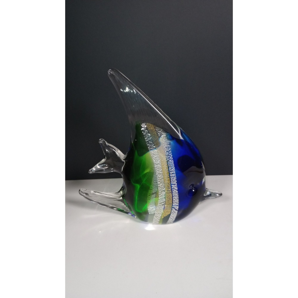 Hand Blown Art Glass Angelfish Paperweight Blue/Green Fish Nautical Beach Decor